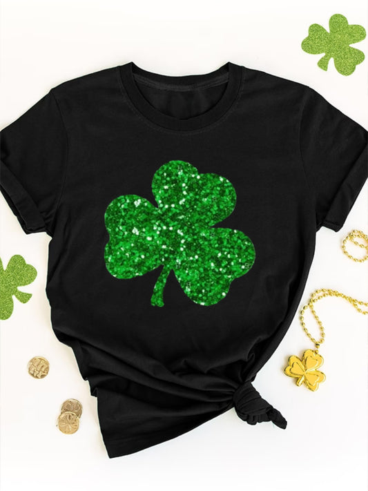 St. Patrick's Day Clover Print T-shirt, Casual Short Sleeve Crew Neck Top For Spring & Summer, Women's Clothing