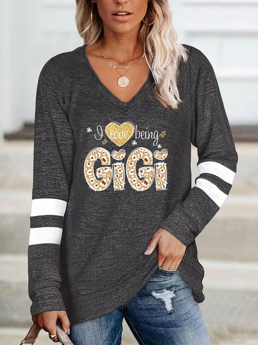 Gigi Letter Print T-shirt, Casual V Neck Long Sleeve Top For Spring & Fall, Women's Clothing
