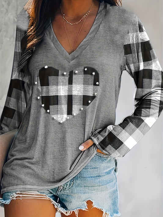 Plaid Heart Print V Neck T-Shirt, Casual Long Sleeve Top For Spring & Fall, Women's Clothing