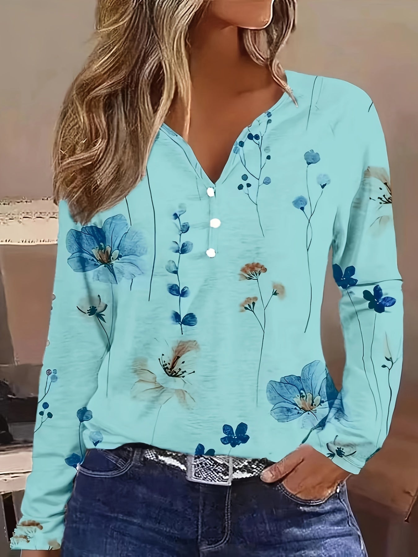 Floral Print Button Front T-Shirt, Casual Long Sleeve Top For Spring & Fall, Women's Clothing