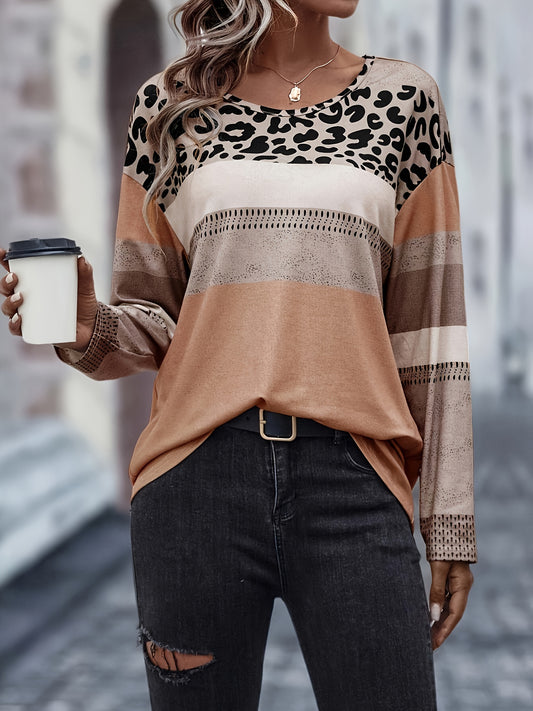 Contrast Leopard Print Crew Neck T-shirt, Casual Long Sleeve Top For Spring & Fall, Women's Clothing