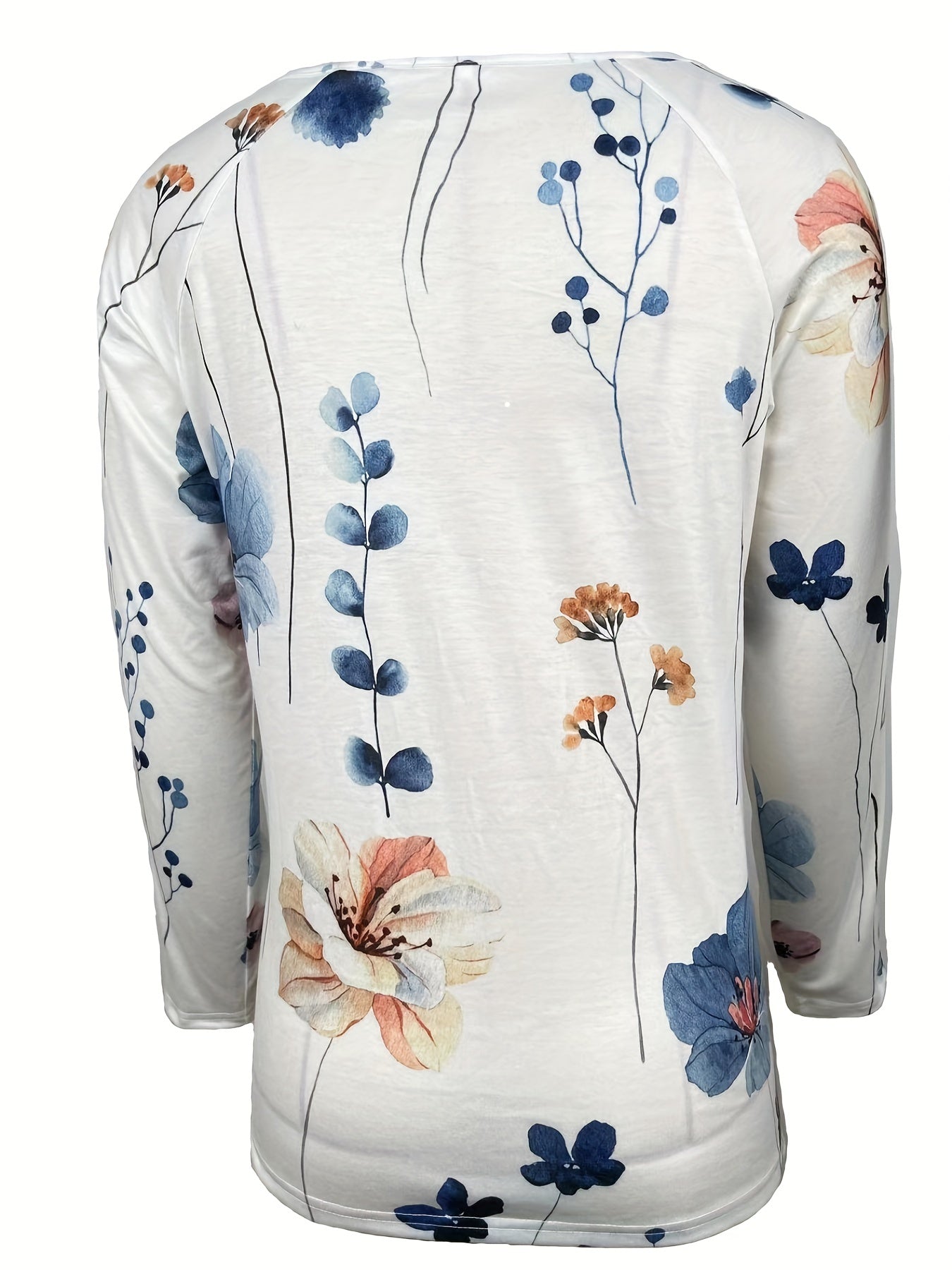 Floral Print Button Front T-Shirt, Casual Long Sleeve Top For Spring & Fall, Women's Clothing